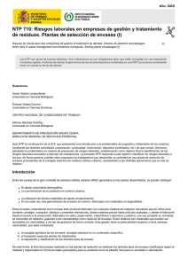 Nueva ventana:NTP 710: Riesgos laborales en empresas de gestión y tratamiento de residuos. Plantas de selección de envases (I) (pdf, 336 Kbytes)