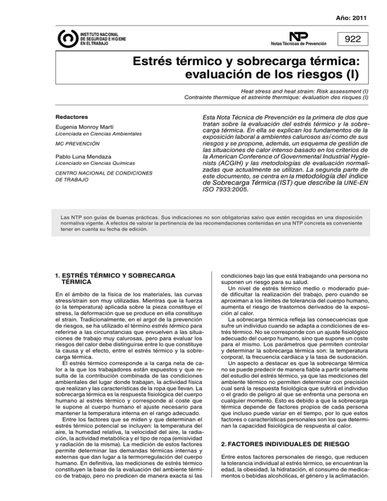 Nueva Ventana Ntp Estr S T Rmico Y Sobrecarga T Rmica Evaluaci N