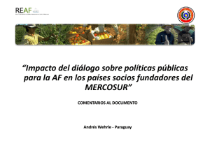 Presentación: Impacto del diálogo sobre políticas públicas para la AF en los países socios fundadores del MERCOSUR” Comentarios al documento. Andrés Wehrle - Paraguay