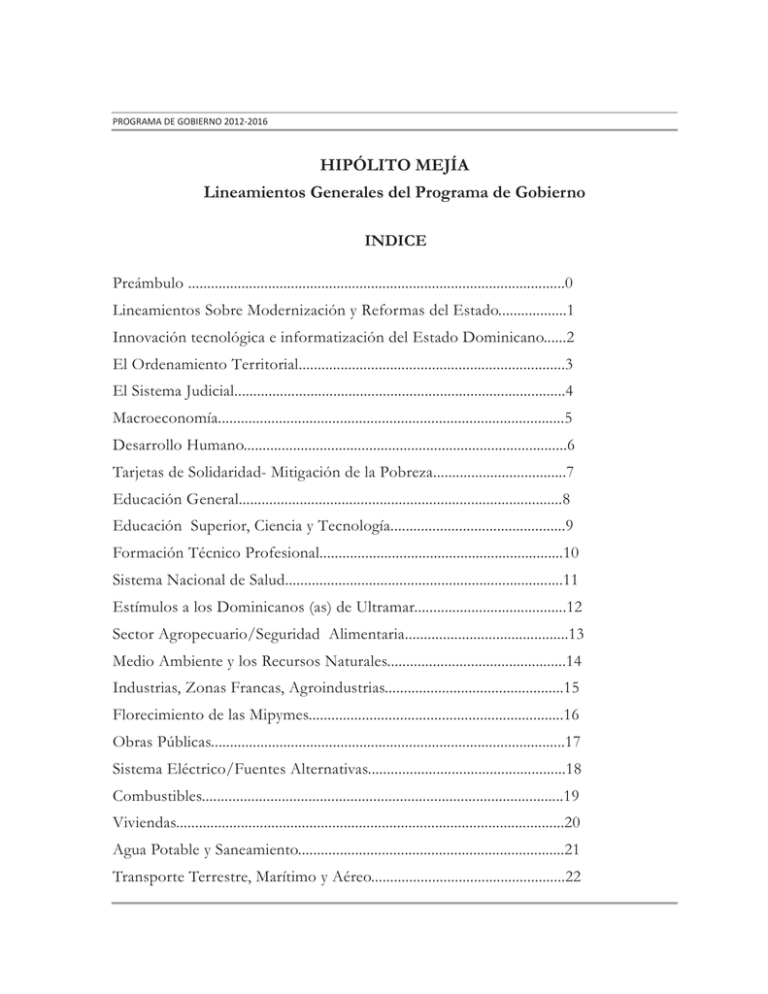 HIPÓLITO MEJÍA Lineamientos Generales del Programa de Gobierno