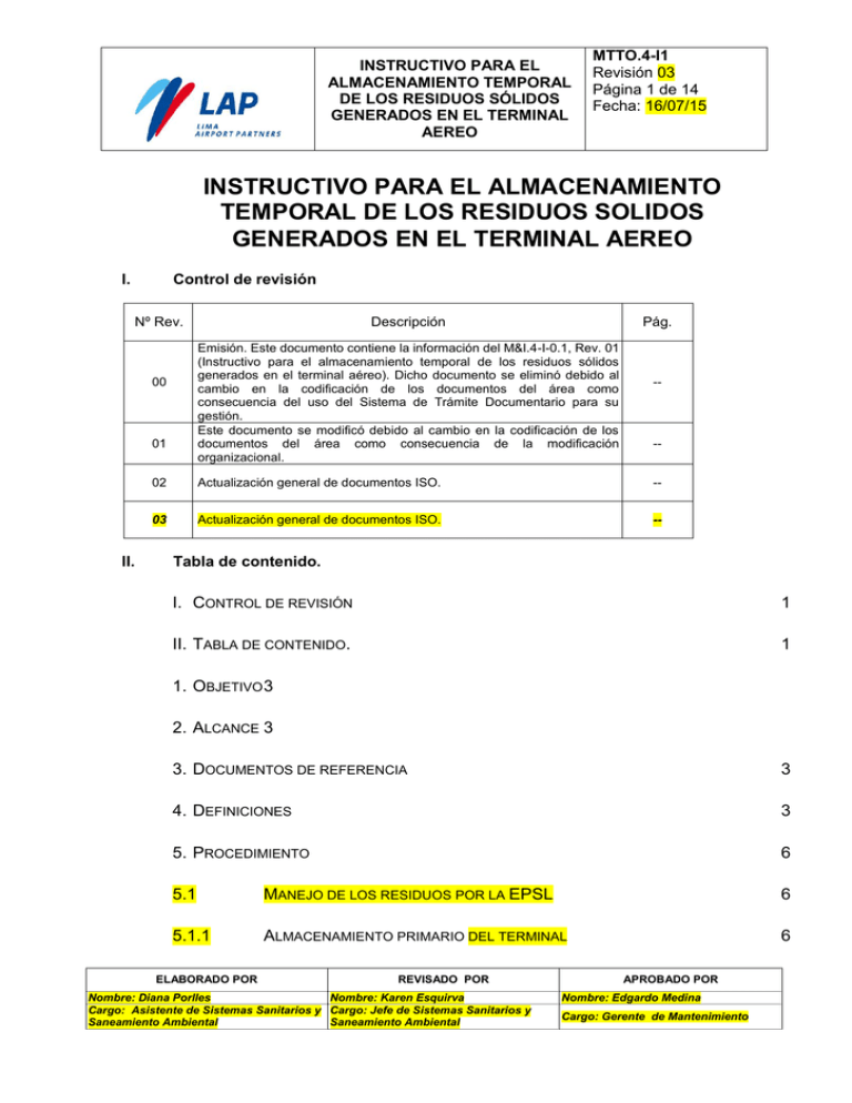 Instructivo Para El Almacenamiento Temporal De Los Residuos Solidos