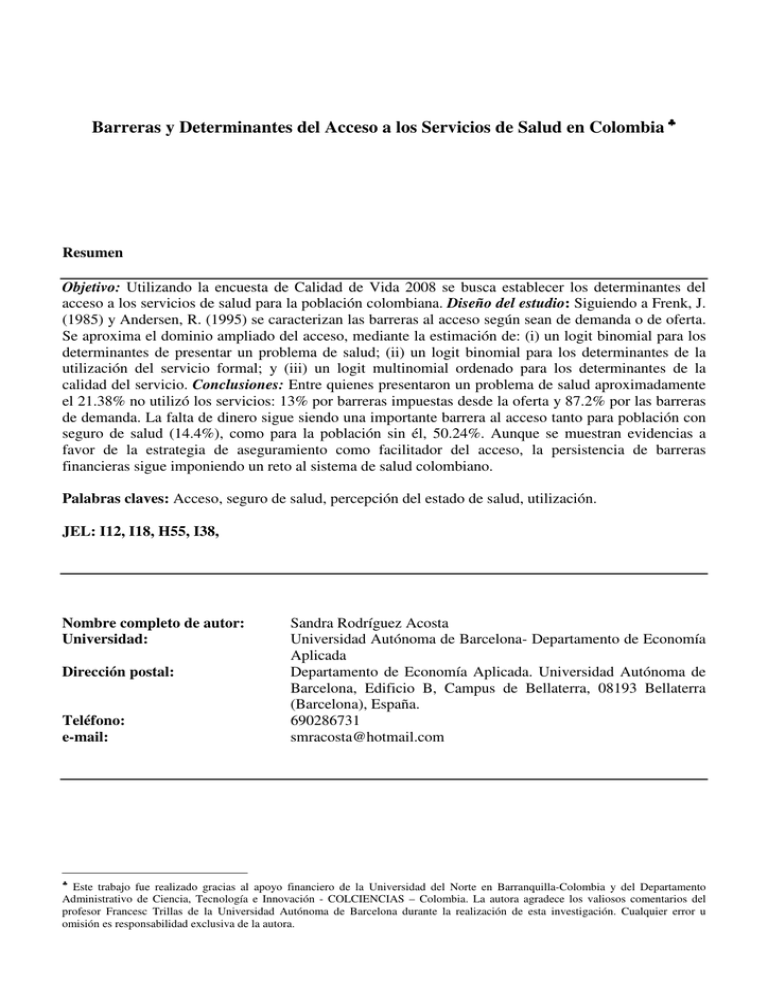 Barreras Y Determinantes Del Acceso A Los Servicios De Salud En
