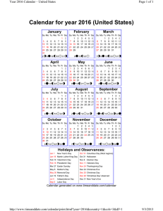 Calendar for year 2016 (United States)