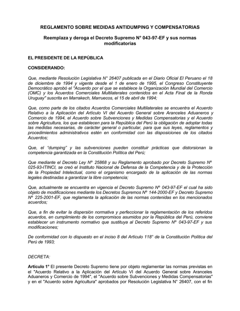 REGLAMENTO SOBRE MEDIDAS ANTIDUMPING Y