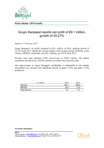 Grupo Iberpapel reports net profit of €9.1 million, growth of 25.27%