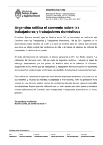 Argentina ratifica el convenio sobre trabajadoras y t