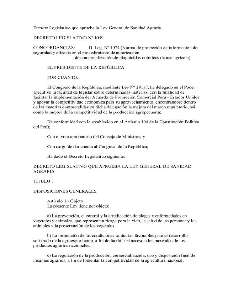 Decreto Legislativo Que Aprueba La Ley General De Sanidad Agraria