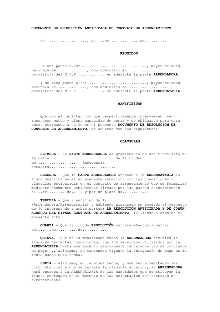Documento De Resoluci N Anticipada De Contrato De Arrendamiento