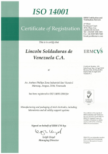 ISO 14001 Maracay, Venezuela - Lincoln Electric, South America