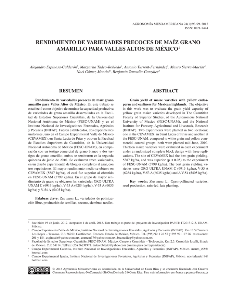 Rendimiento de variedades precoces de maíz grano amarillo para