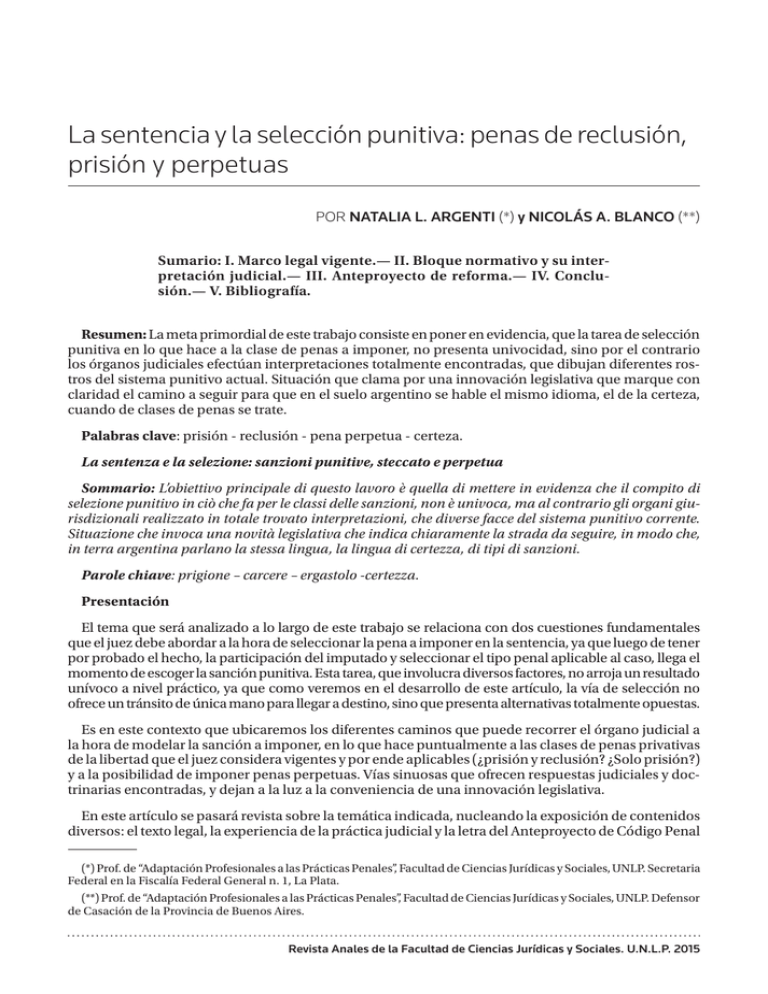 La sentencia y la selección punitiva penas de reclusión prisión y