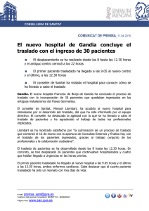 El nuevo hospital de Gandia concluye el traslado con el ingreso de