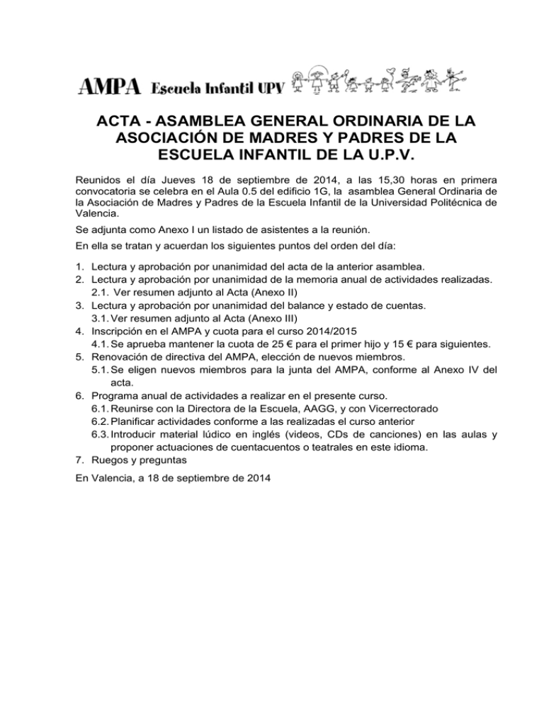 Acta De La Asamblea General Ordinaria Del Ampa De La Escuela