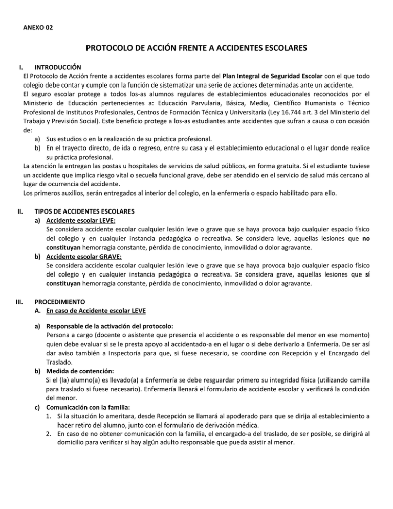 PROTOCOLO DE ACCIÓN FRENTE A ACCIDENTES ESCOLARES