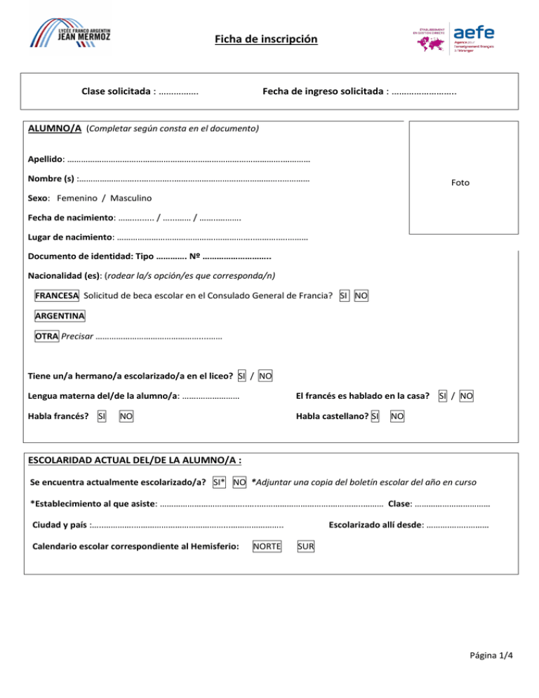 Ficha De Inscripci N Le Lyc E Franco