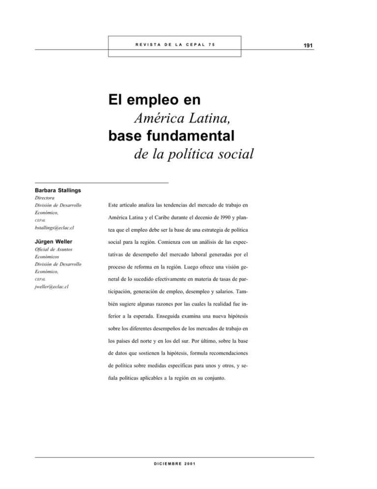 El Empleo En Am Rica Latina Base Fundamental De La Pol Tica Social