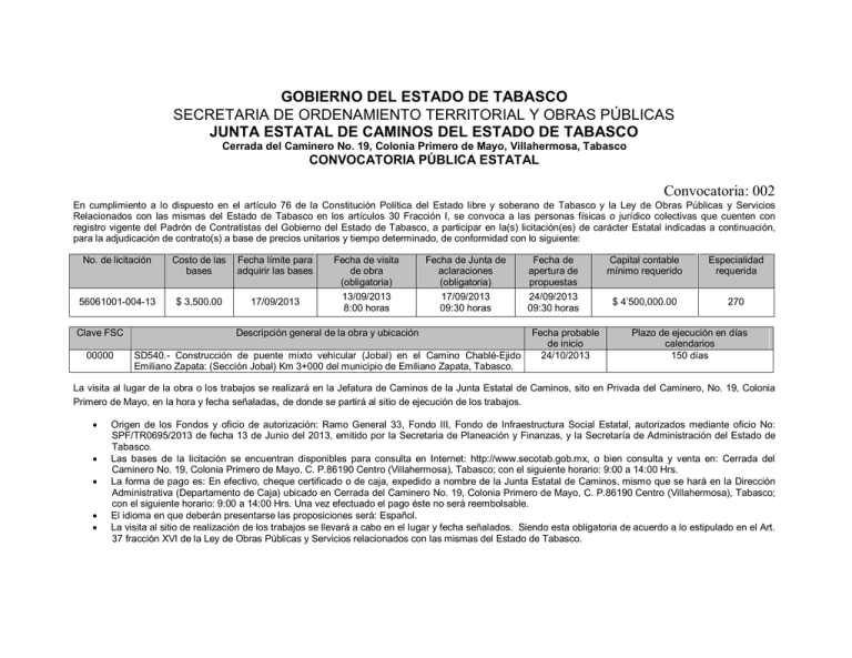 Convocante Junta Estatal De Caminos Del Estado De