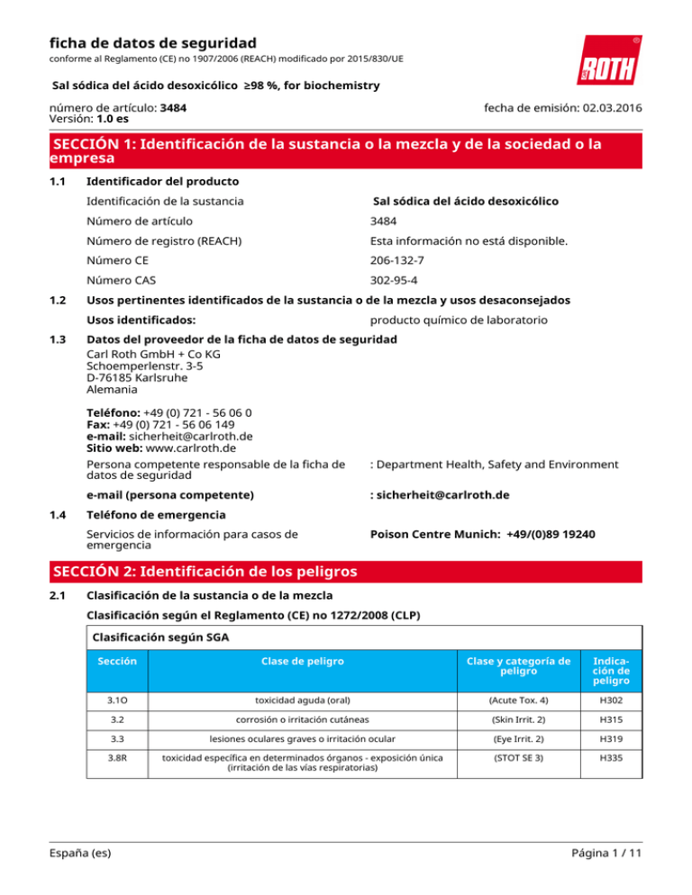 Ficha de Datos de Seguridad Sal sódica del ácido