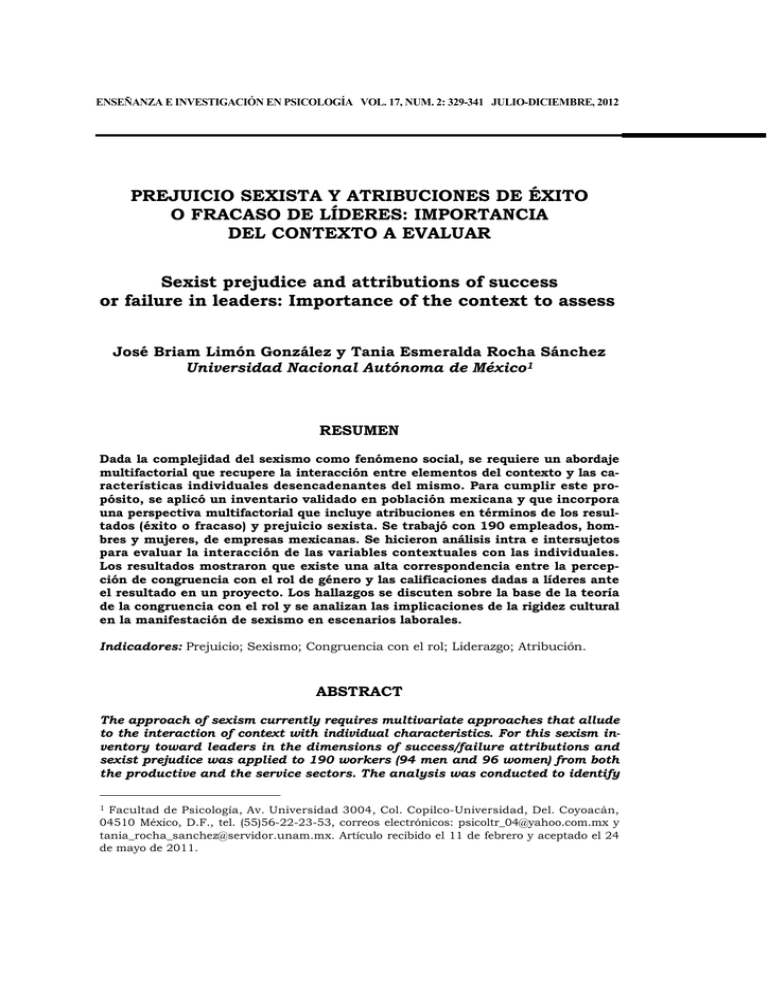 PREJUICIO SEXISTA Y ATRIBUCIONES DE ÉXITO O FRACASO