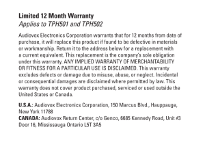 Limited 12 Month Warranty Applies to TPH501 and TPH502