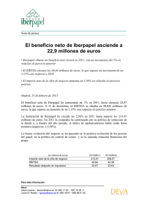 El beneficio neto de Iberpapel asciende a 22,9 millones de euros