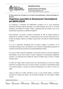 Argentina suscribió la Declaración Sociolaboral del MERCOSUR