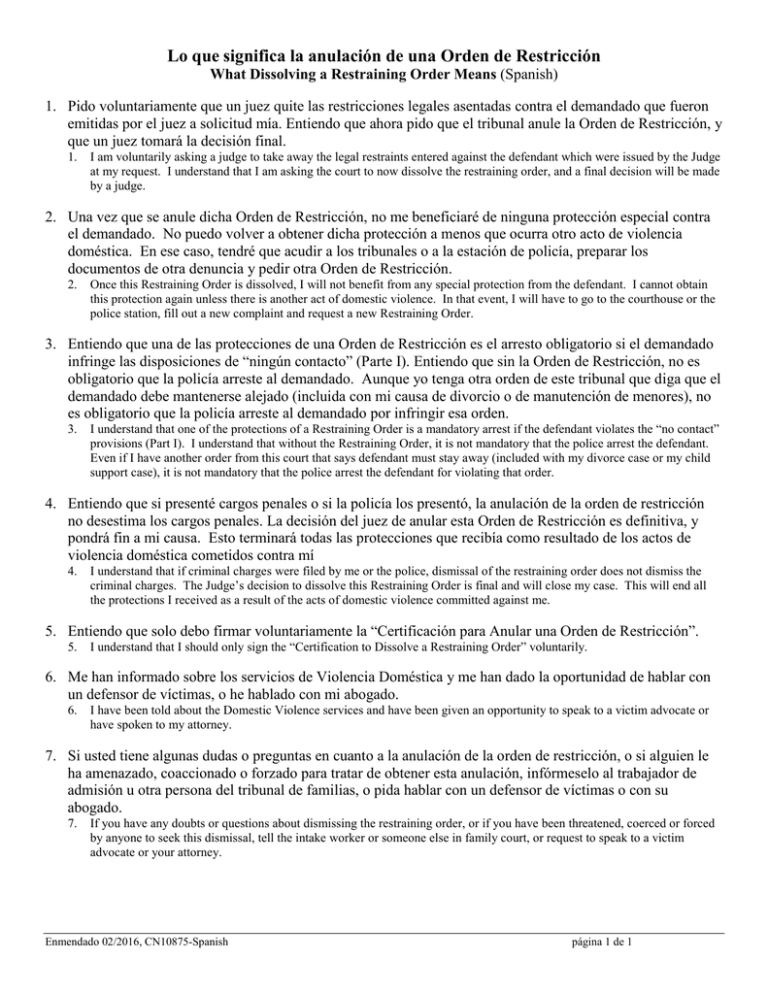 Lo que significa la anulación de una Orden de Restricción What