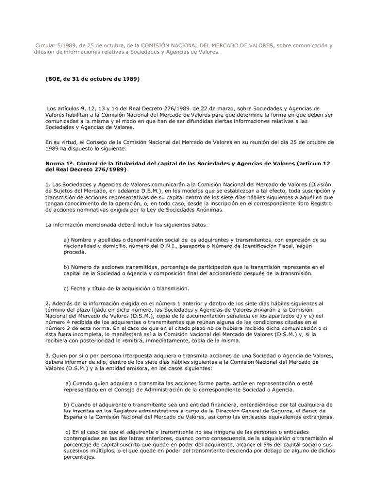 Circular 5 1989 Comisión Nacional del Mercado de Valores