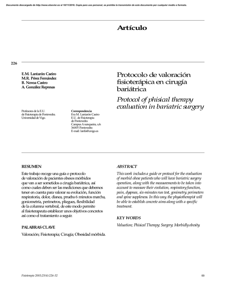 Artículo Protocolo de valoración fisioterápica en cirugía bariátrica
