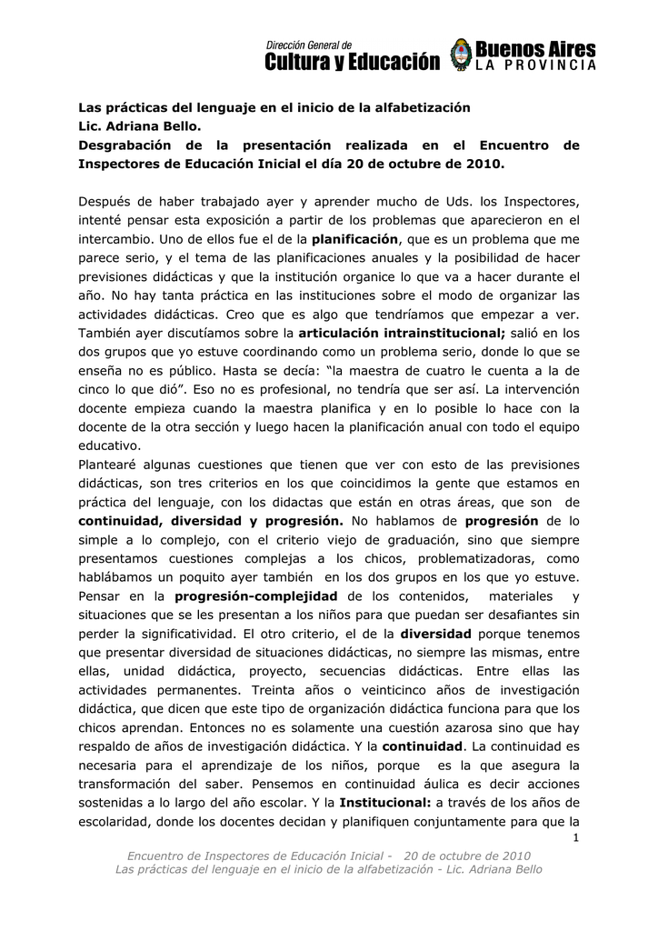 Las prácticas del lenguaje en el inicio de la alfabetización Lic