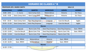 HORARIO DE CLASES 4 ° B