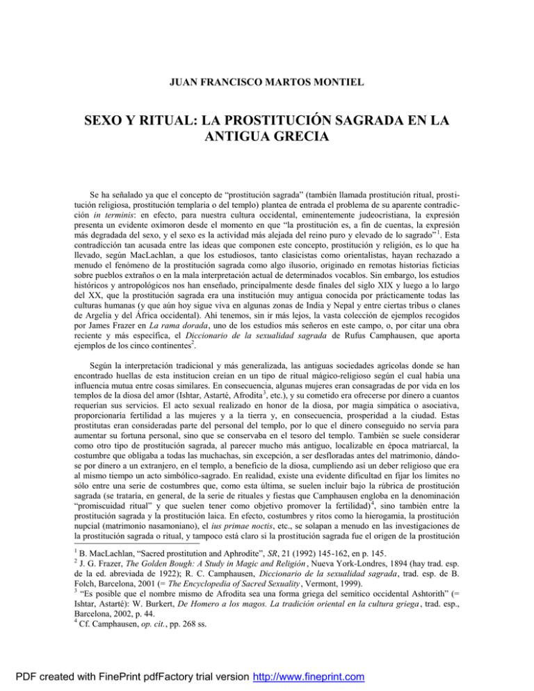SEXO Y RITUAL LA PROSTITUCIÓN SAGRADA EN LA ANTIGUA