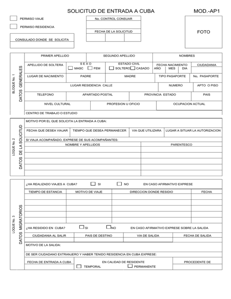SOLICITUD DE ENTRADA A CUBA MOD AP1
