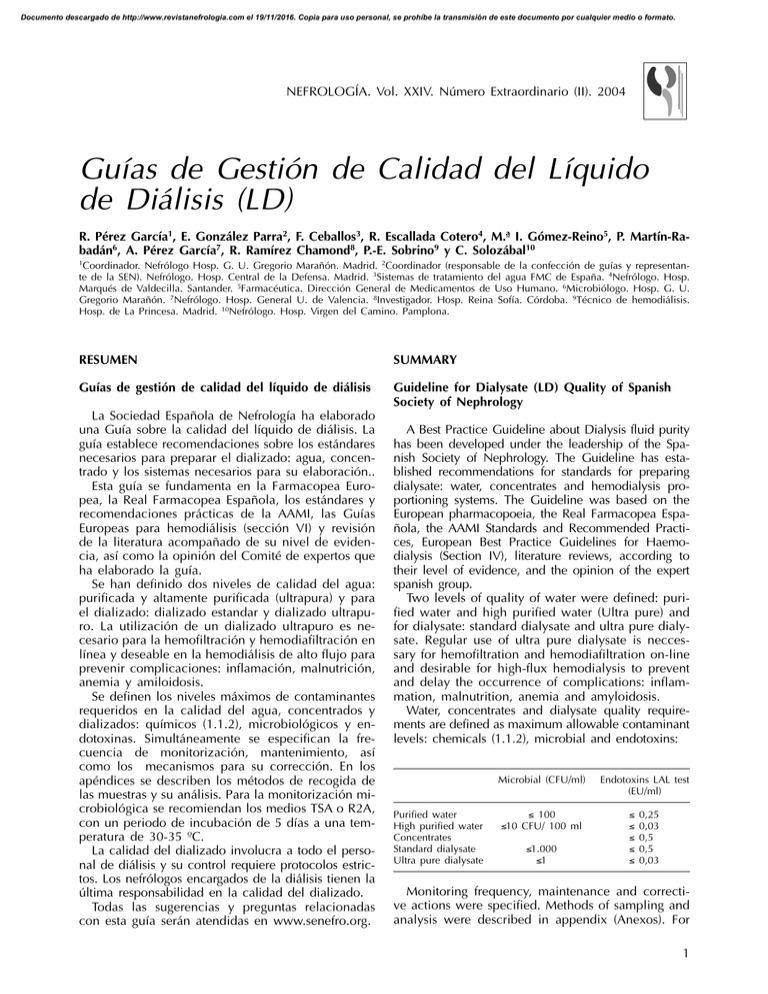 Guías de Gestión de Calidad del Líquido de Diálisis LD