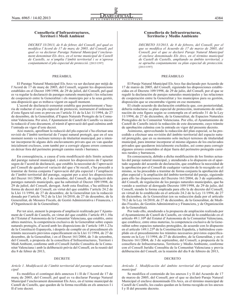 DECRET 33 2013 De 8 De Febrer Del Consell Pel Qual Es Modifica L
