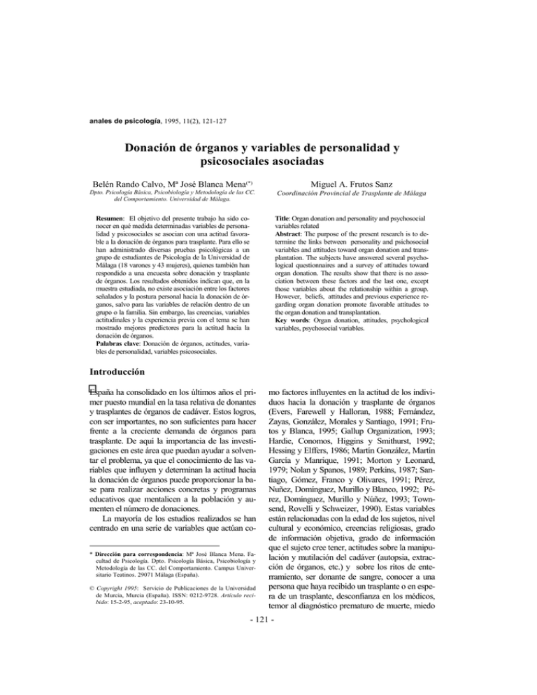 Donaci N De Rganos Y Variables De Personalidad Y Psicosociales