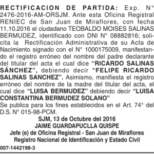 RECTIFICACION DE PARTIDA: Exp. N° 2476-2016-AM