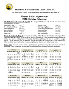 Master Labor Agreement 2016 Holiday Schedule