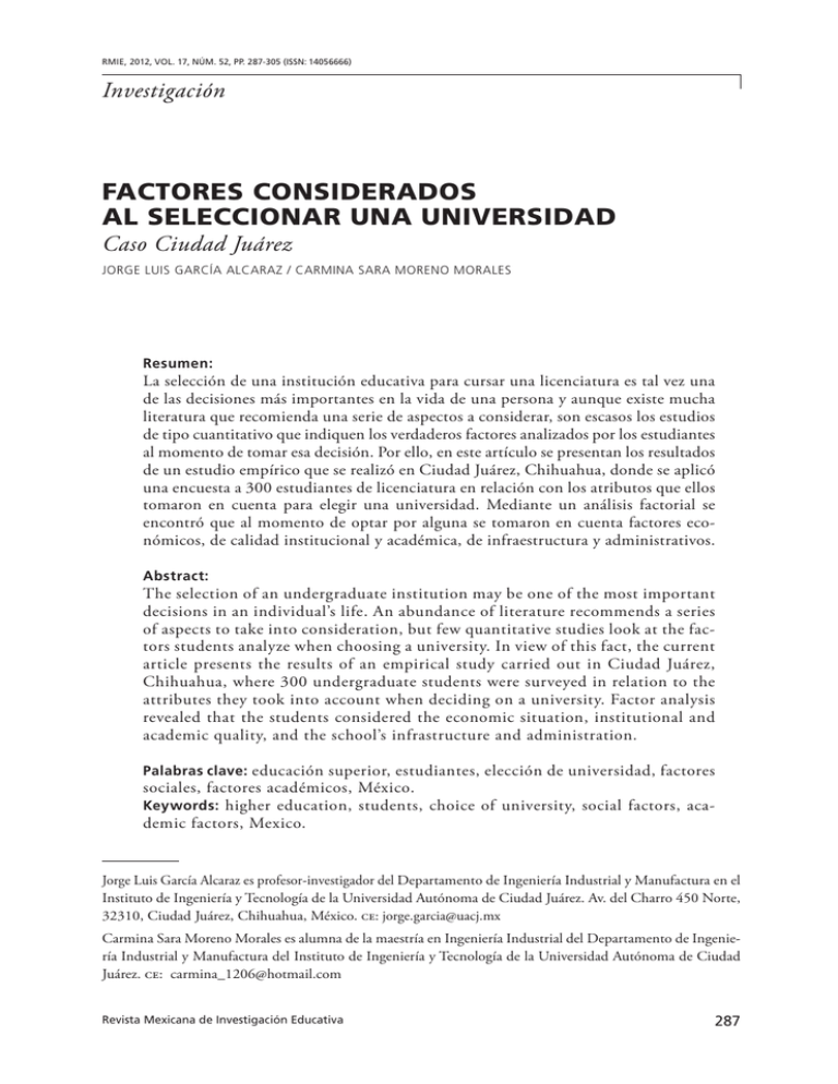 FACTORES CONSIDERADOS AL SELECCIONAR UNA