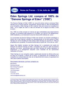 Eden Springs Ltd. compra el 100% de “Danone Springs of Eden