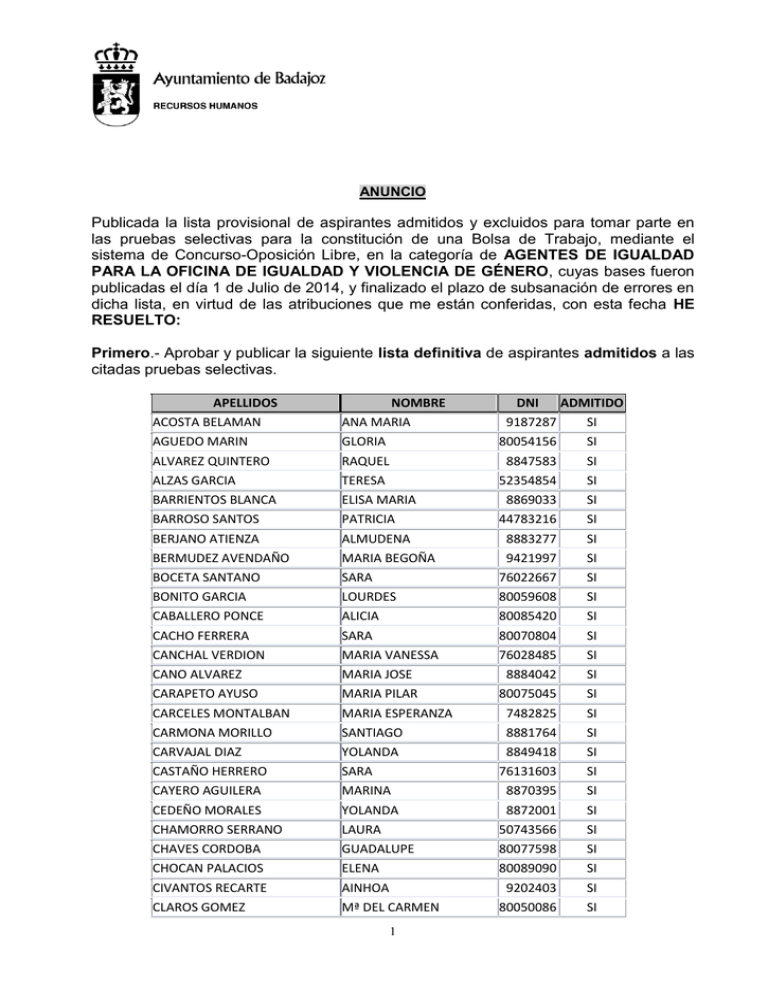 Publicada La Lista Provisional De Aspirantes Admitidos Y Excluidos