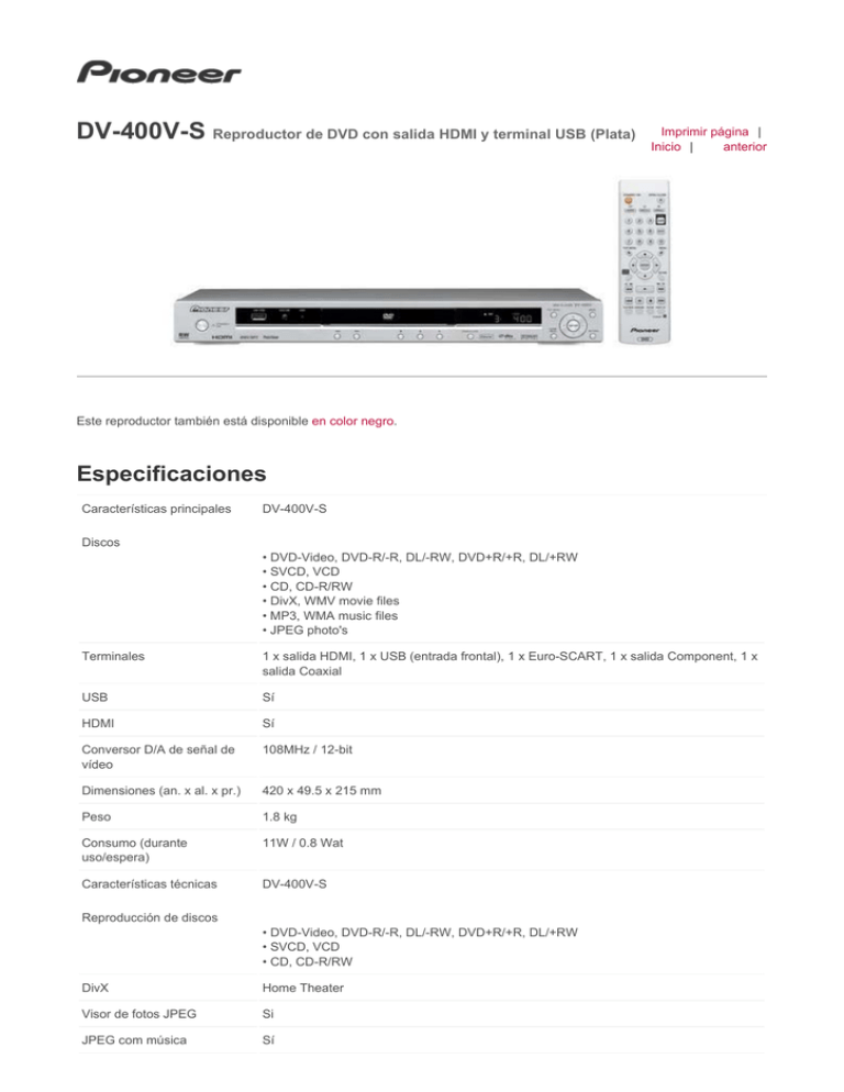 Especificaciones Dv V S Reproductor De Dvd Con Salida Hdmi