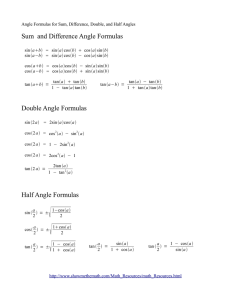 Sum and Difference Angle Formulas Double Angle Formulas Half