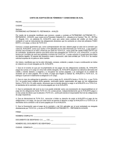 Carta de aceptación de aval otorgada por patrimonio autónomo FC