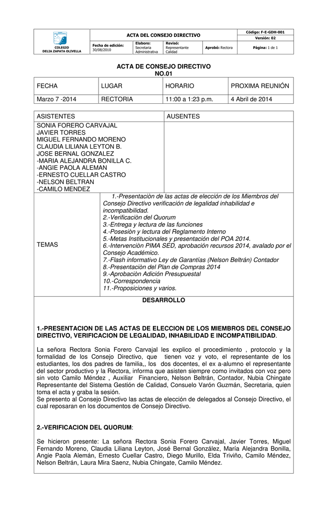 ACTA DE CONSEJO DIRECTIVO NO 01 FECHA