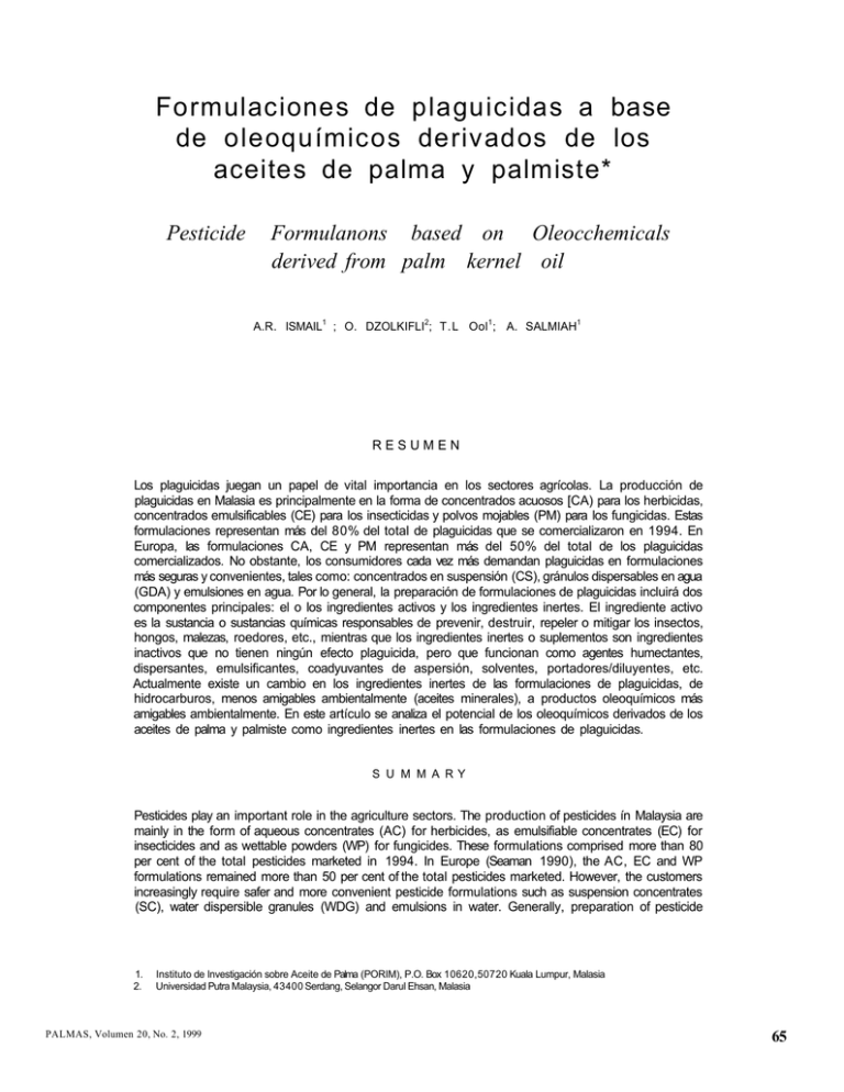 Formulaciones de plaguicidas a base de oleoquímicos