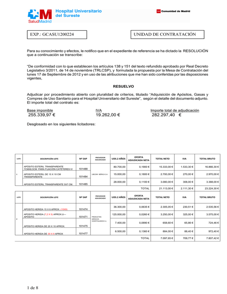 Adjudicación del contrato