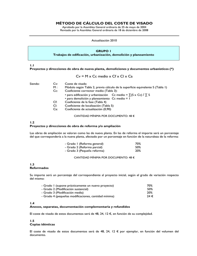 MÉTODO DE CÁLCULO DEL COSTE DE VISADO Cv M x Cc