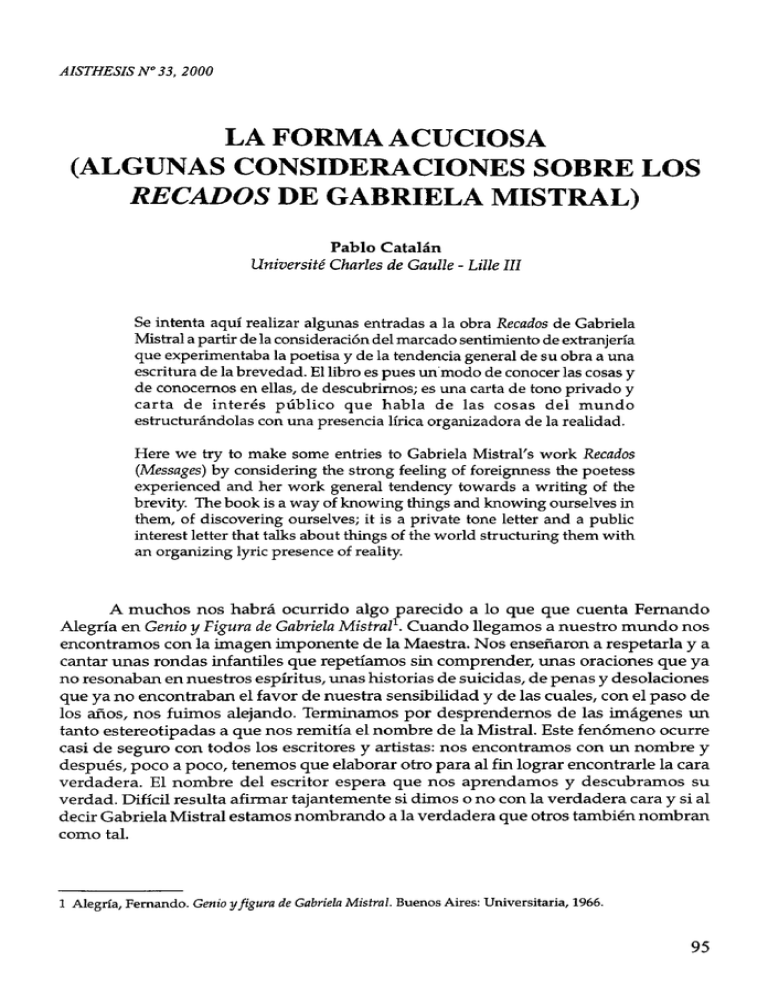 Algunas Consideraciones Sobre Los Recados De Gabriela Mistral