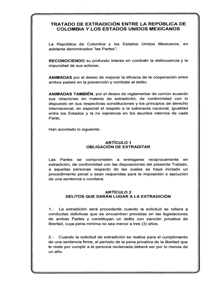 Tratado De Extradicion Entre La Republica De Colombia Y Los Estados